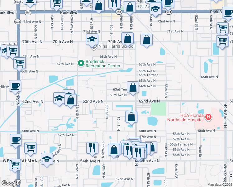 map of restaurants, bars, coffee shops, grocery stores, and more near 5910 63rd Terrace in Pinellas Park