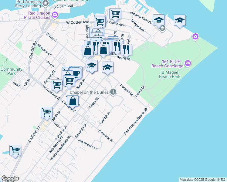 map of restaurants, bars, coffee shops, grocery stores, and more near 105 South 11th Street in Port Aransas