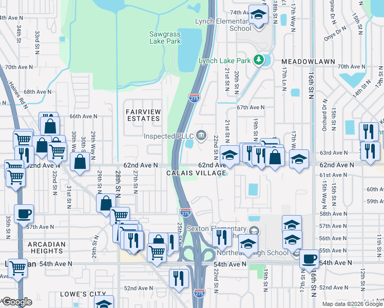 map of restaurants, bars, coffee shops, grocery stores, and more near 2275 62nd Avenue North in St. Petersburg