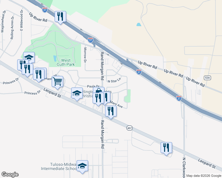 map of restaurants, bars, coffee shops, grocery stores, and more near 9338 Moon Beam Trail in Corpus Christi