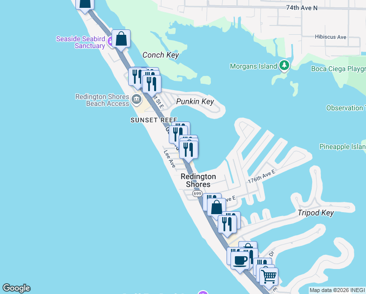 map of restaurants, bars, coffee shops, grocery stores, and more near 17855 Gulf Boulevard in Redington Shores