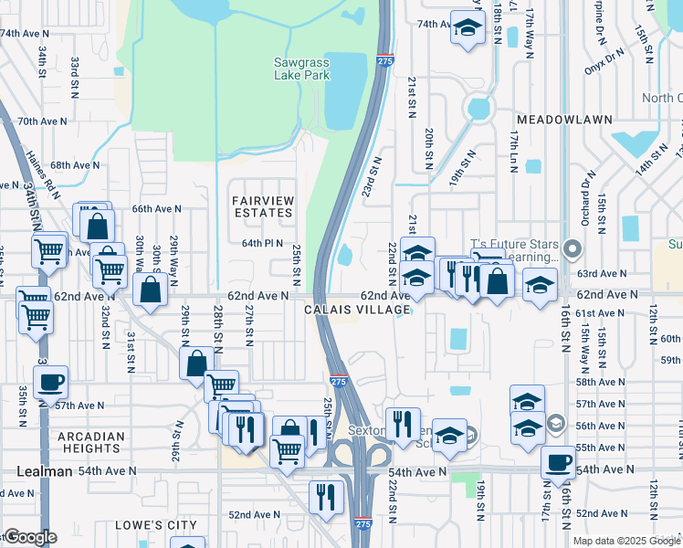 map of restaurants, bars, coffee shops, grocery stores, and more near 6330 23rd Lane North in St. Petersburg