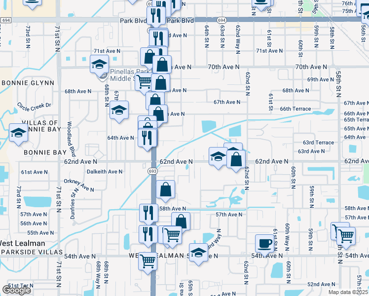 map of restaurants, bars, coffee shops, grocery stores, and more near 6510 64th Avenue North in Pinellas Park