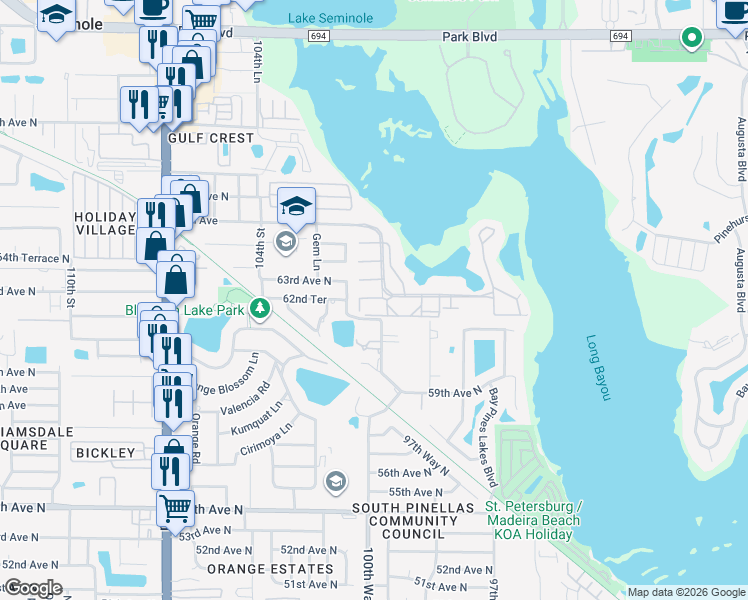 map of restaurants, bars, coffee shops, grocery stores, and more near 10032 65th Avenue North in St. Petersburg