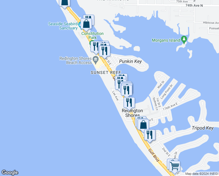 map of restaurants, bars, coffee shops, grocery stores, and more near 17852 Lee Avenue in Redington Shores
