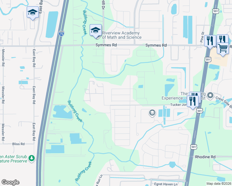 map of restaurants, bars, coffee shops, grocery stores, and more near 10202 Tucker Jones Road in Riverview