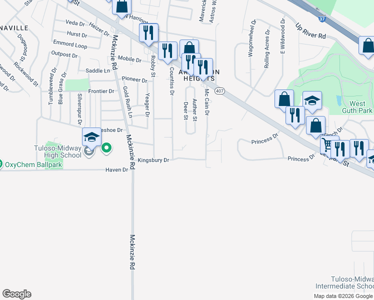 map of restaurants, bars, coffee shops, grocery stores, and more near 10201 Shane Drive in Corpus Christi