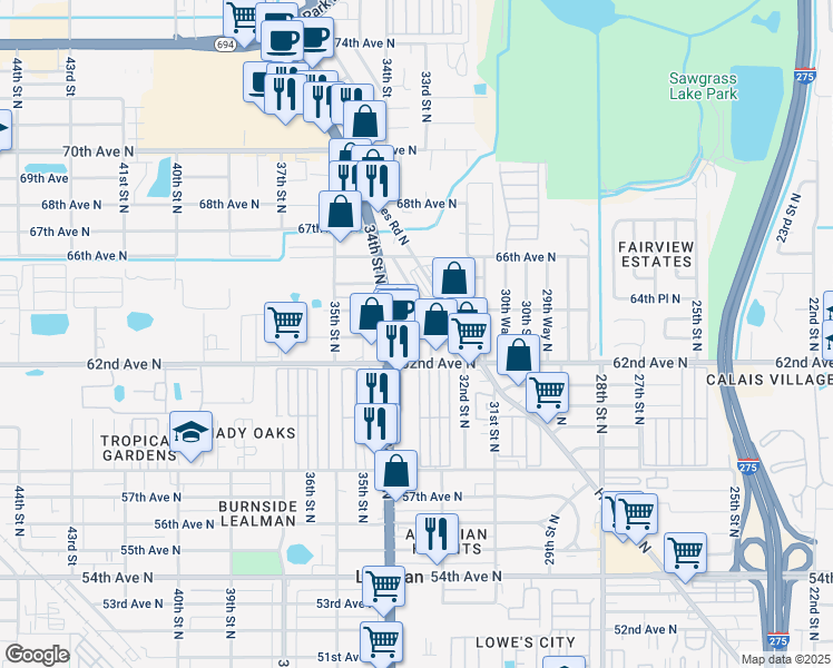 map of restaurants, bars, coffee shops, grocery stores, and more near 6351 33rd Way North in St. Petersburg
