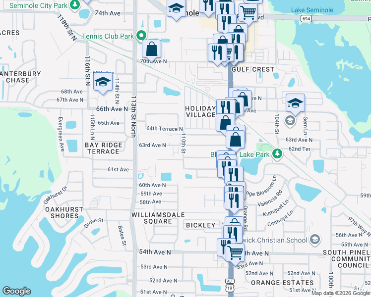 map of restaurants, bars, coffee shops, grocery stores, and more near 10774 63rd Avenue North in Seminole