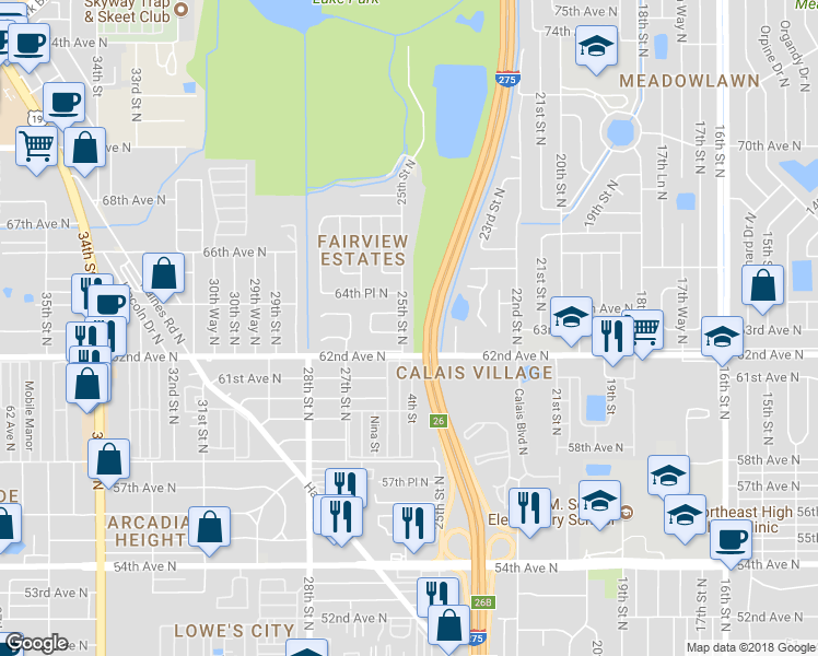 map of restaurants, bars, coffee shops, grocery stores, and more near 6297 25th Street North in Saint Petersburg