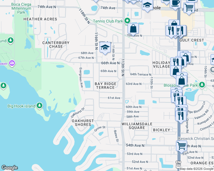map of restaurants, bars, coffee shops, grocery stores, and more near 11555 63rd Avenue North in Seminole