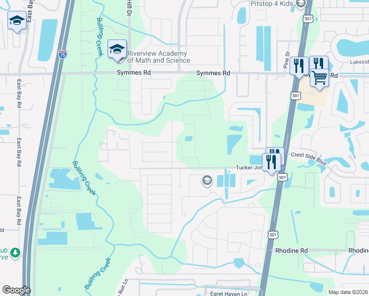 map of restaurants, bars, coffee shops, grocery stores, and more near 11734 Gerbera Daisy Loop in Riverview