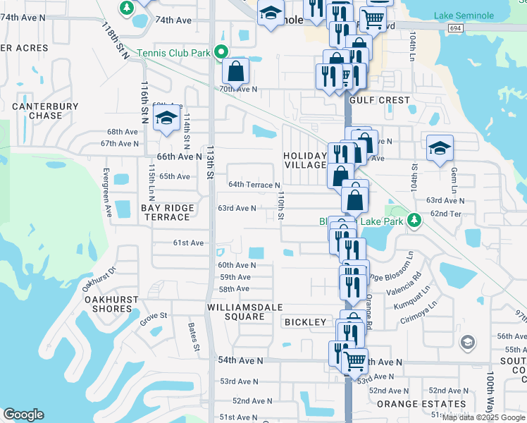 map of restaurants, bars, coffee shops, grocery stores, and more near 11068 63rd Avenue North in Seminole