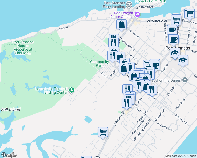 map of restaurants, bars, coffee shops, grocery stores, and more near 641 Sandpiper Circle in Port Aransas