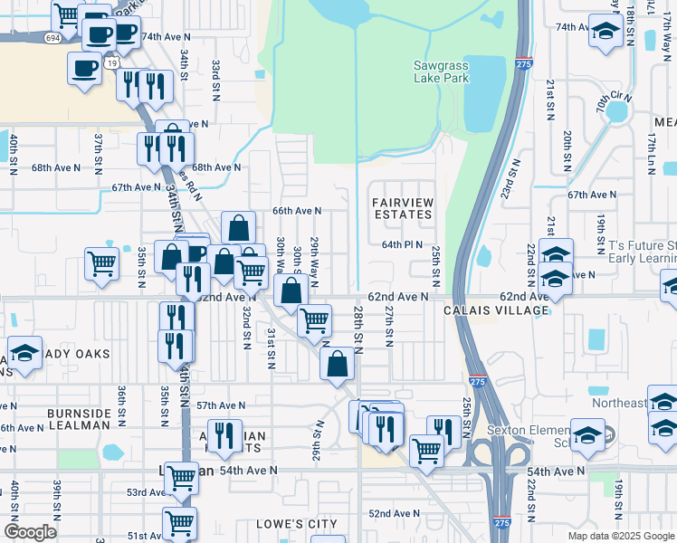 map of restaurants, bars, coffee shops, grocery stores, and more near 6315 29th Street North in St. Petersburg