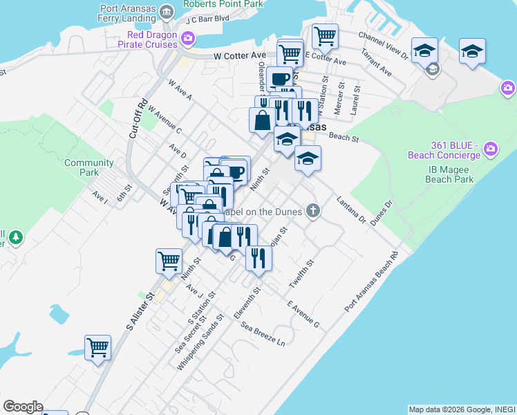 map of restaurants, bars, coffee shops, grocery stores, and more near 310 10th Street in Port Aransas