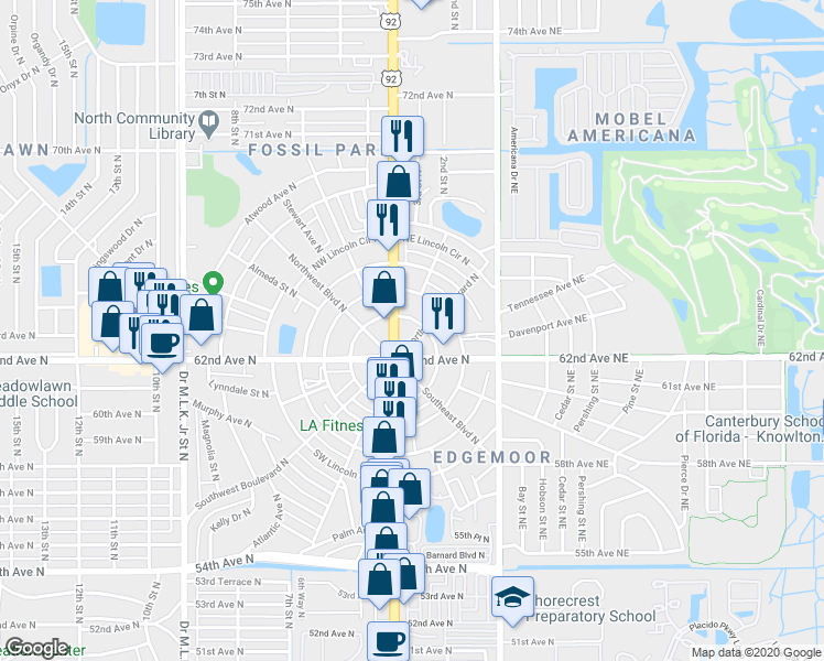 map of restaurants, bars, coffee shops, grocery stores, and more near 321 Northeast Boulevard North in St. Petersburg