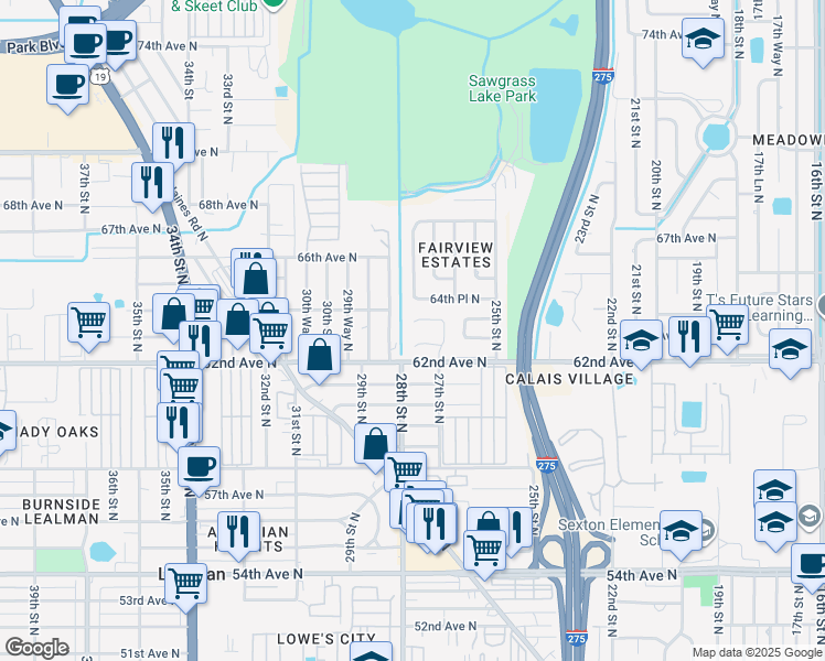 map of restaurants, bars, coffee shops, grocery stores, and more near 2772 63rd Terrace North in St. Petersburg