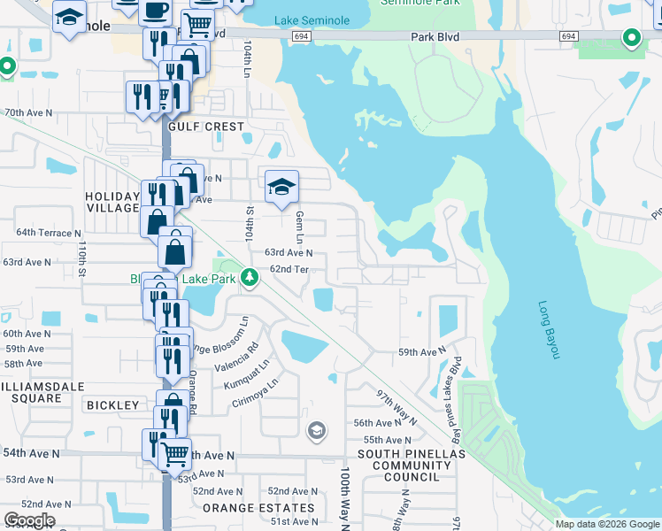 map of restaurants, bars, coffee shops, grocery stores, and more near 6261 101st Way North in Seminole