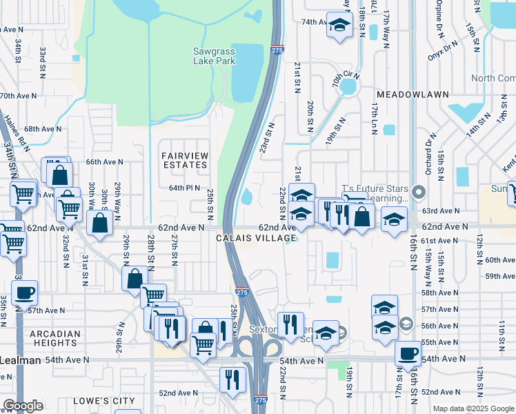 map of restaurants, bars, coffee shops, grocery stores, and more near 6330 23rd Lane North in St. Petersburg