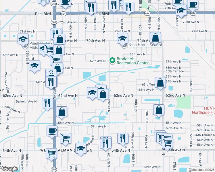 map of restaurants, bars, coffee shops, grocery stores, and more near 6330 62nd Street North in Pinellas Park