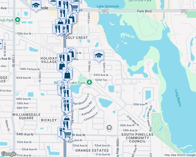 map of restaurants, bars, coffee shops, grocery stores, and more near 10337 62nd Avenue North in Seminole