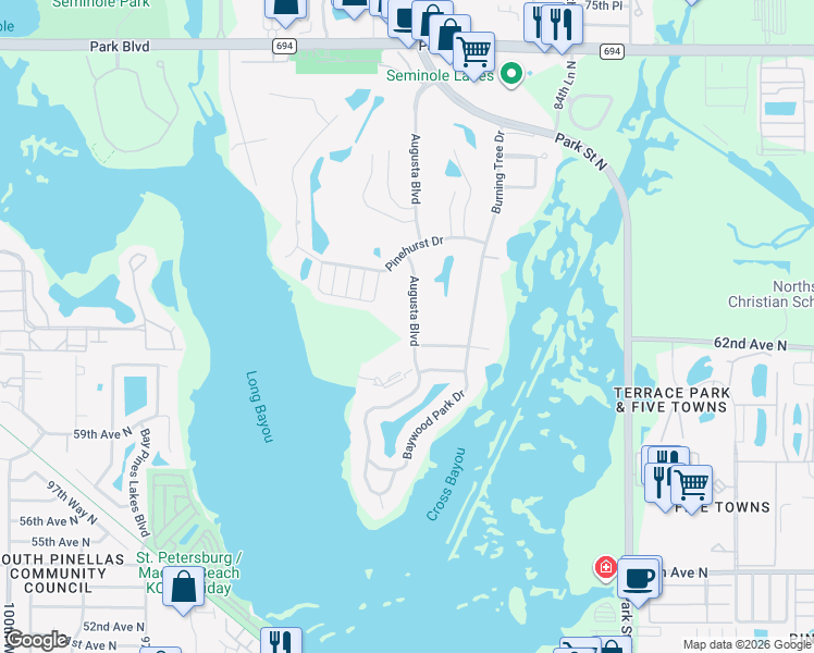 map of restaurants, bars, coffee shops, grocery stores, and more near 6320 Augusta Boulevard in Seminole