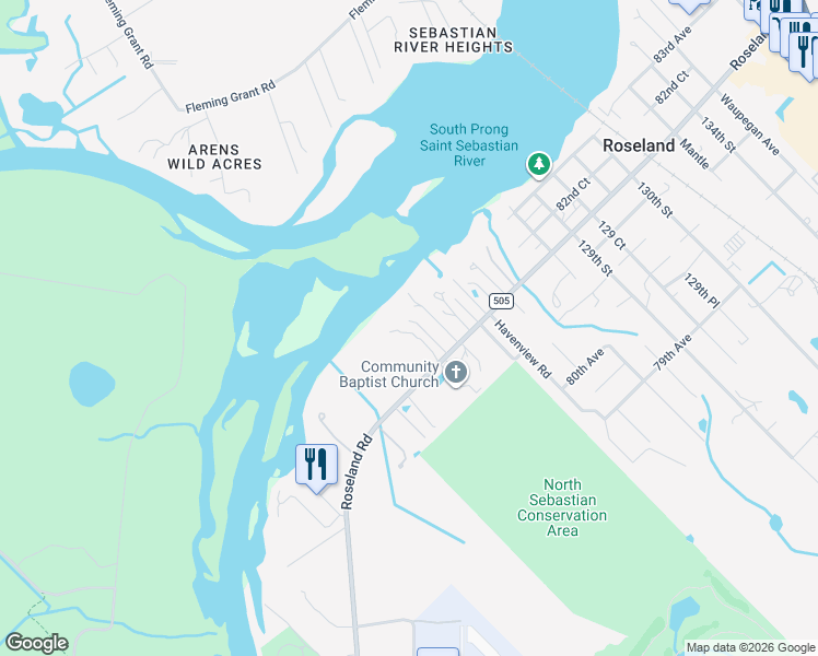 map of restaurants, bars, coffee shops, grocery stores, and more near 12511 Roseland Road in Sebastian