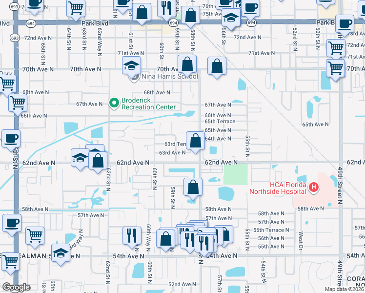 map of restaurants, bars, coffee shops, grocery stores, and more near 5870 63rd Terrace in Pinellas Park
