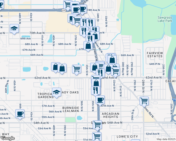 map of restaurants, bars, coffee shops, grocery stores, and more near 3491 63rd Avenue North in Pinellas Park