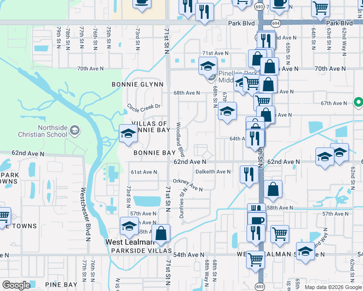 map of restaurants, bars, coffee shops, grocery stores, and more near 6345 Woodland Boulevard in Pinellas Park