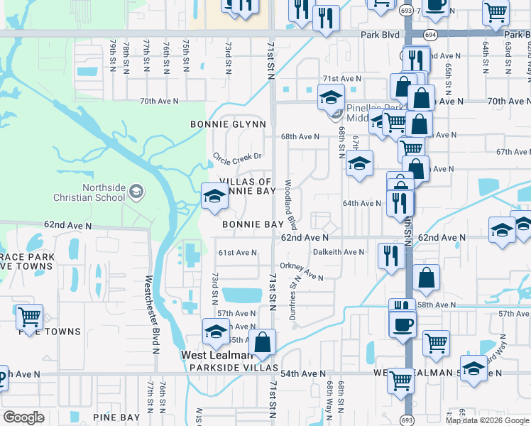 map of restaurants, bars, coffee shops, grocery stores, and more near 6354 71st Street North in Pinellas Park