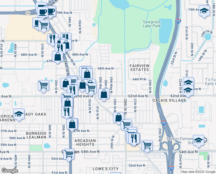 map of restaurants, bars, coffee shops, grocery stores, and more near 6339 30th St N in St Petersburg