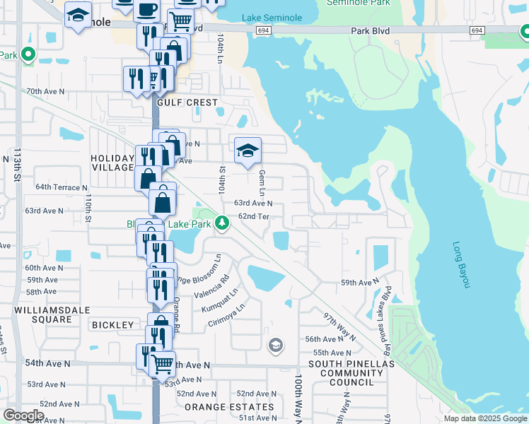map of restaurants, bars, coffee shops, grocery stores, and more near 10199 62nd Avenue North in Seminole