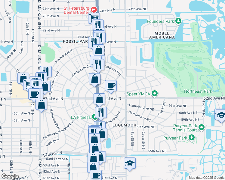 map of restaurants, bars, coffee shops, grocery stores, and more near 225 Northeast Madison Circle North in St. Petersburg