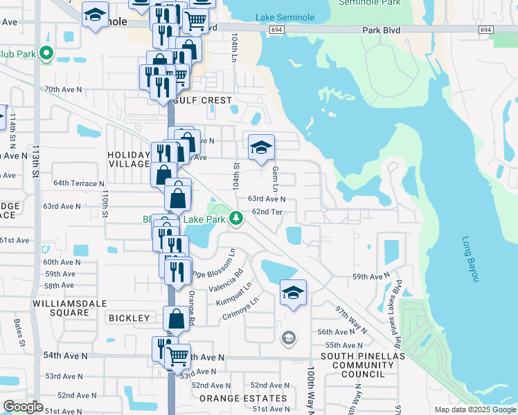 map of restaurants, bars, coffee shops, grocery stores, and more near 10337 62nd Avenue North in Seminole