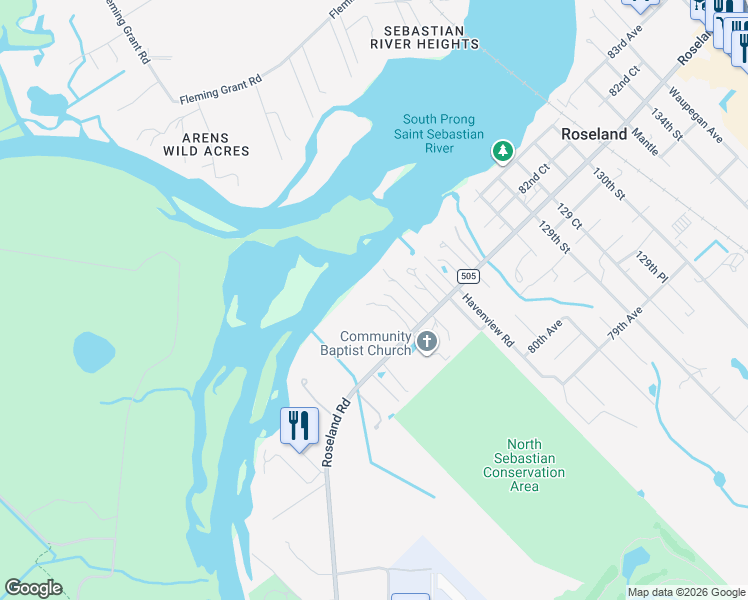 map of restaurants, bars, coffee shops, grocery stores, and more near 12511 Roseland Road in Sebastian