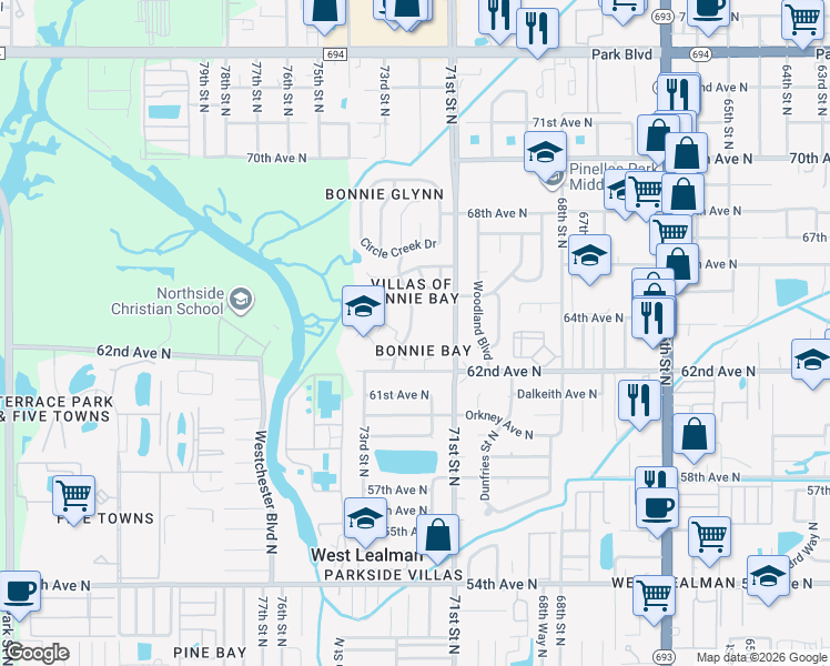 map of restaurants, bars, coffee shops, grocery stores, and more near 6375 Bonnie Bay Circle North in Pinellas Park