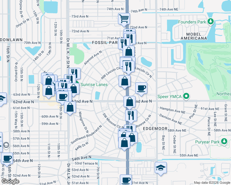map of restaurants, bars, coffee shops, grocery stores, and more near 221 Northwest Jefferson Circle North in St. Petersburg