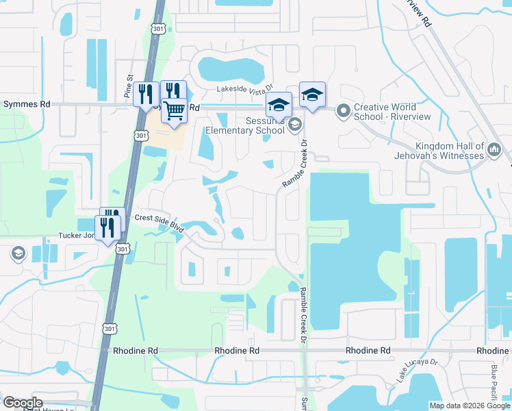 map of restaurants, bars, coffee shops, grocery stores, and more near 11809 Holly Creek Drive in Riverview