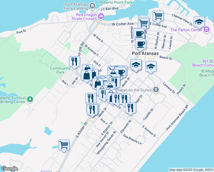 map of restaurants, bars, coffee shops, grocery stores, and more near 516 South Alister Street in Port Aransas