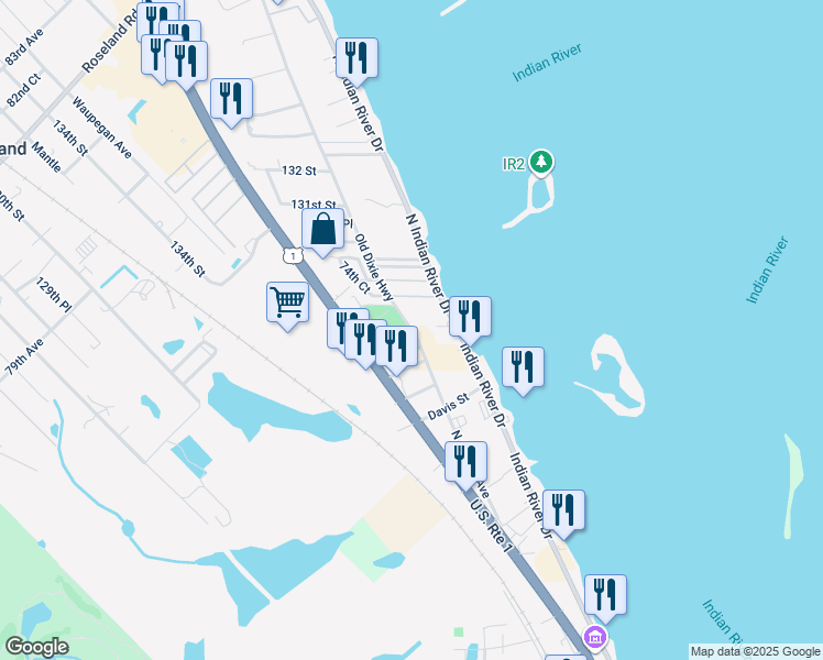 map of restaurants, bars, coffee shops, grocery stores, and more near 1950 North Central Avenue in Sebastian