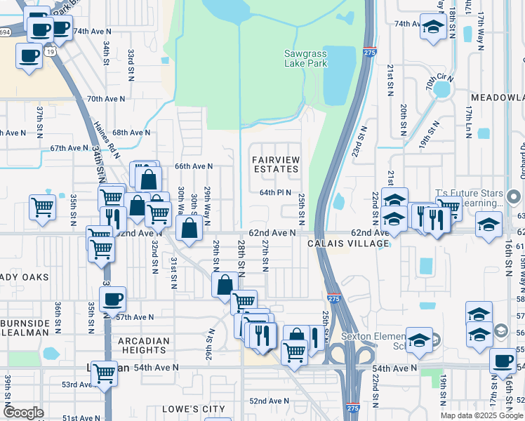map of restaurants, bars, coffee shops, grocery stores, and more near 6340 27th Street North in St. Petersburg