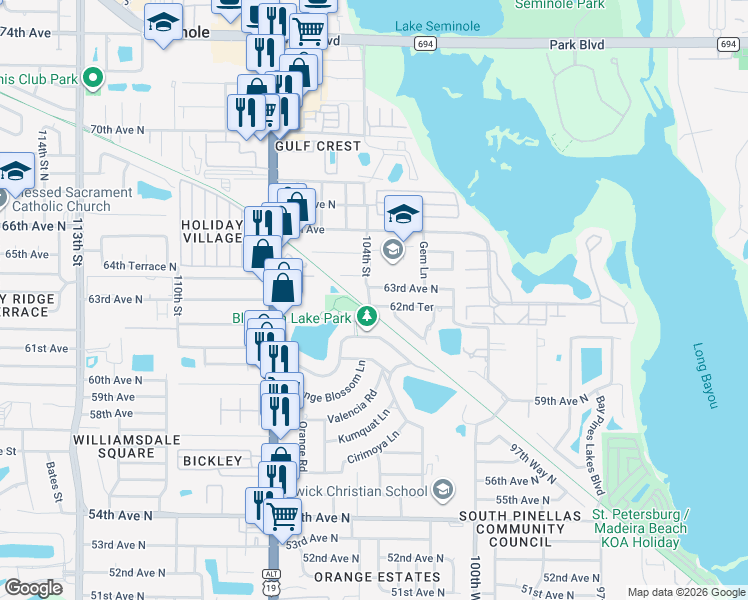 map of restaurants, bars, coffee shops, grocery stores, and more near 10337 62nd Avenue North in Seminole