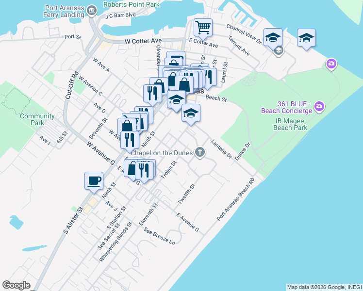 map of restaurants, bars, coffee shops, grocery stores, and more near 500 East Avenue B in Port Aransas