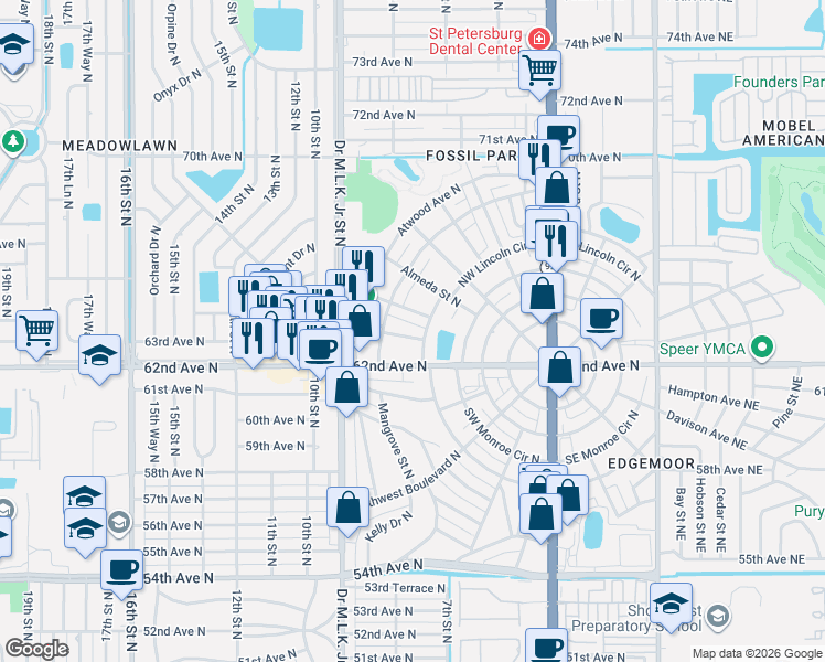 map of restaurants, bars, coffee shops, grocery stores, and more near 737 63rd Avenue North in St. Petersburg