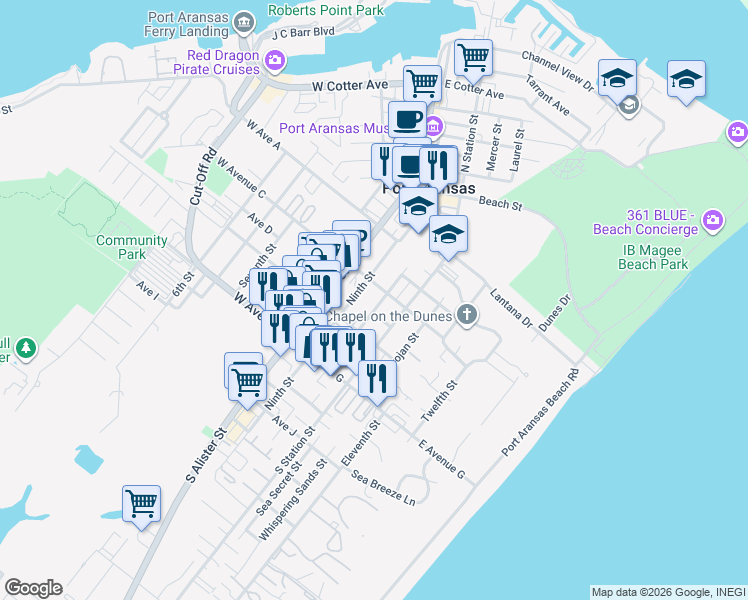 map of restaurants, bars, coffee shops, grocery stores, and more near 310 10th Street in Port Aransas