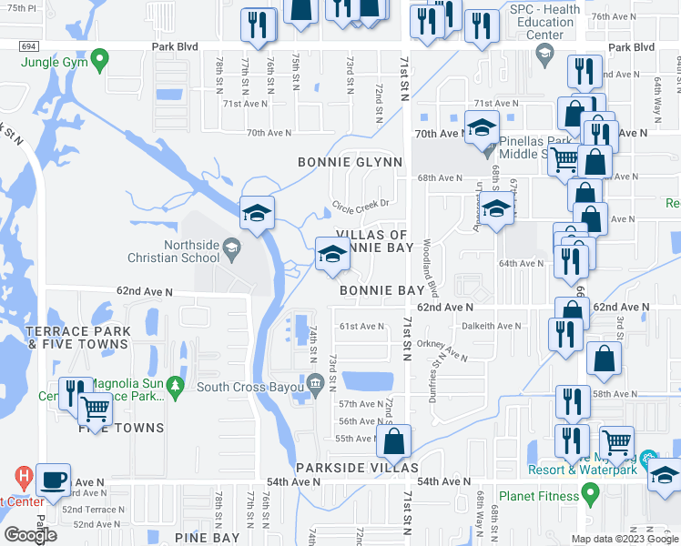 map of restaurants, bars, coffee shops, grocery stores, and more near 6342 Bonnie Bay Circle North in Pinellas Park