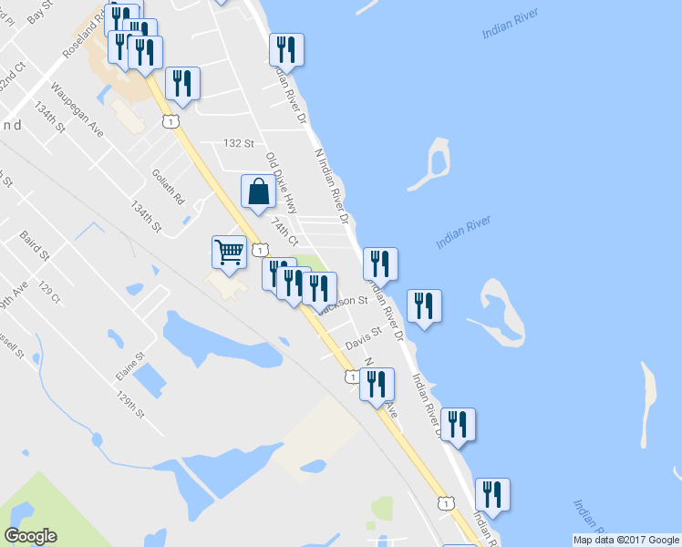 map of restaurants, bars, coffee shops, grocery stores, and more near 1950 North Central Avenue in Sebastian