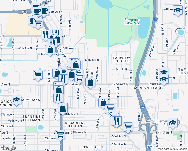 map of restaurants, bars, coffee shops, grocery stores, and more near 6339 30th Street North in St. Petersburg